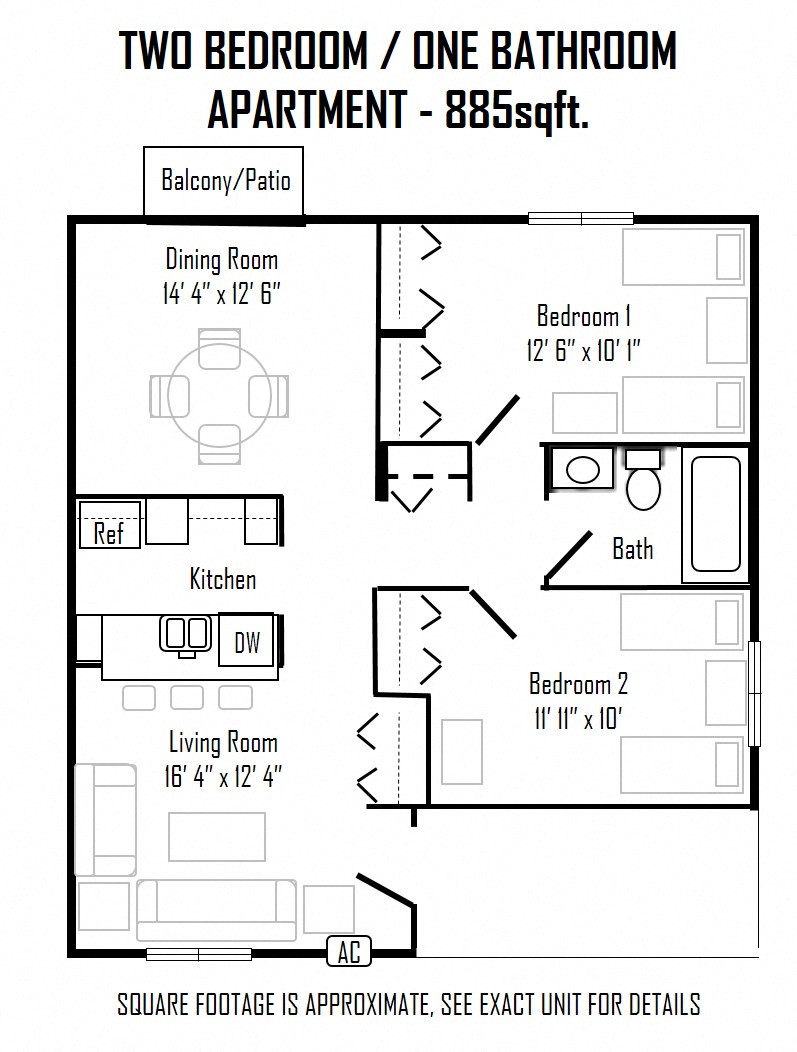 Floor plan for 2 beds, 1 bath, 885 sqft